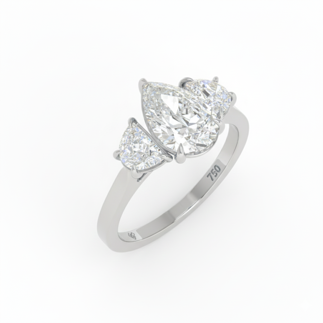 Kamala Pear Cut Diamond Engagement Ring With Half Moon Cut Side Diamonds