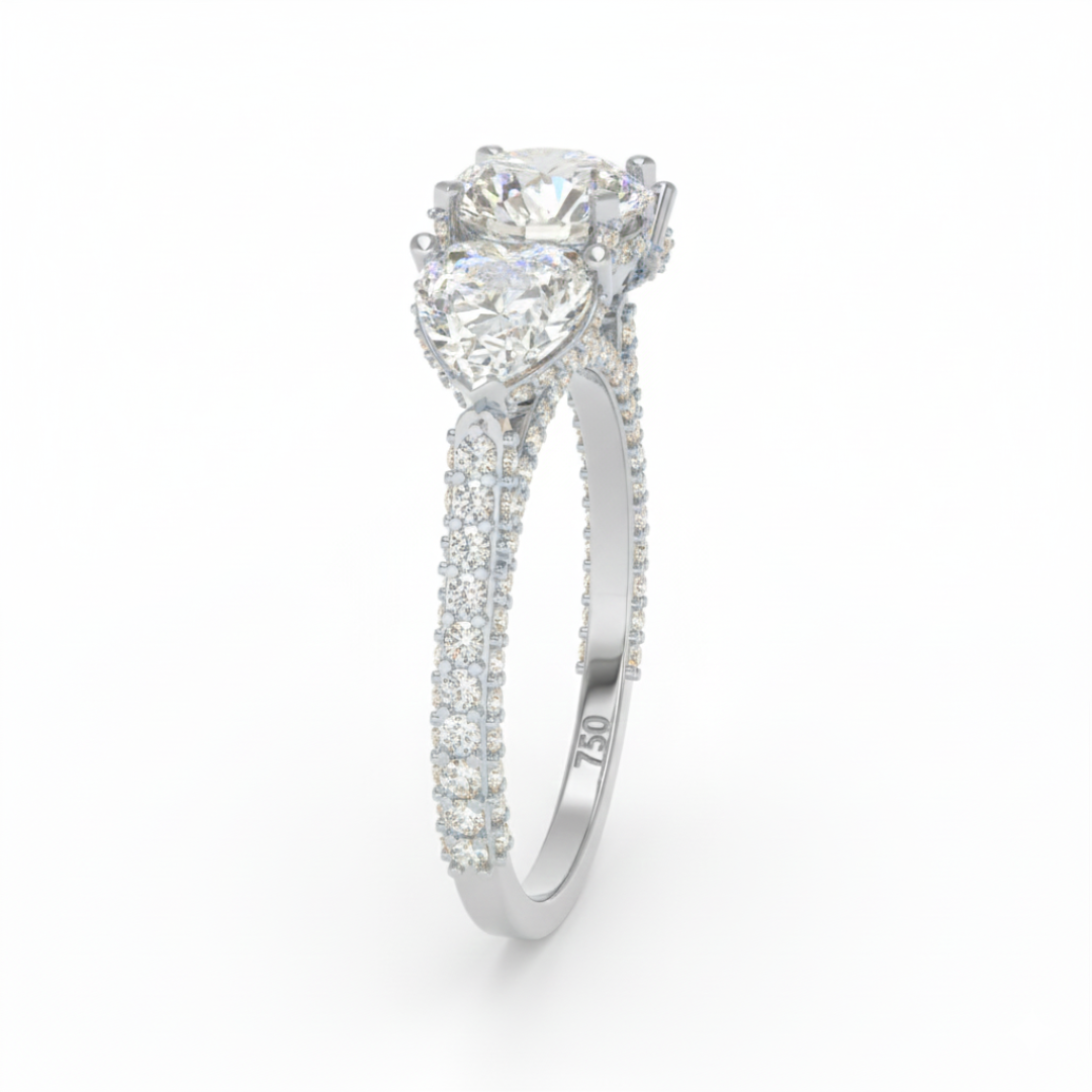 Victoria Round Brilliant Cut Diamond Engagement Ring with Heart Cut Side Diamonds and 3D Diamond Band