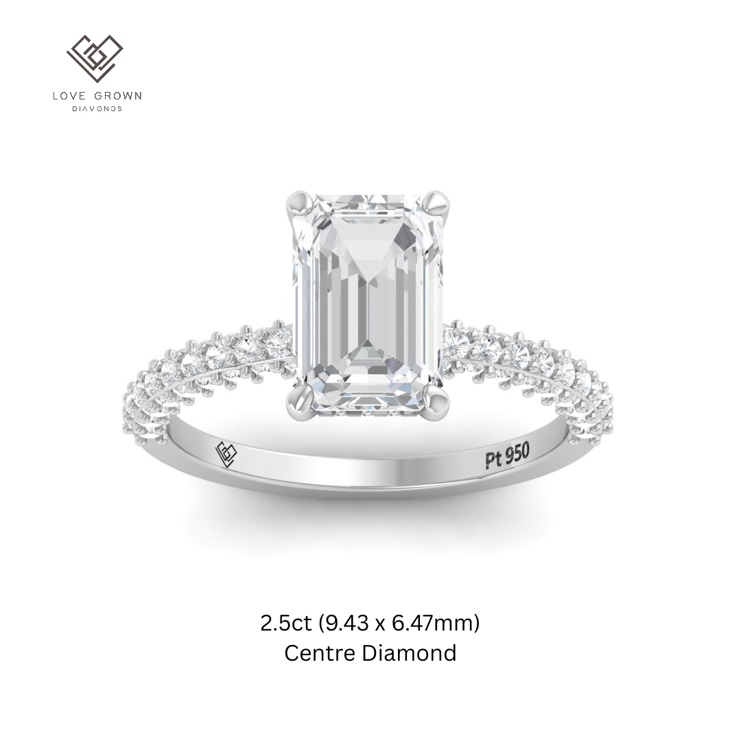 Mia Emerald Cut Diamond Engagement Ring with Diamond Hidden Halo and 3D Diamond Band