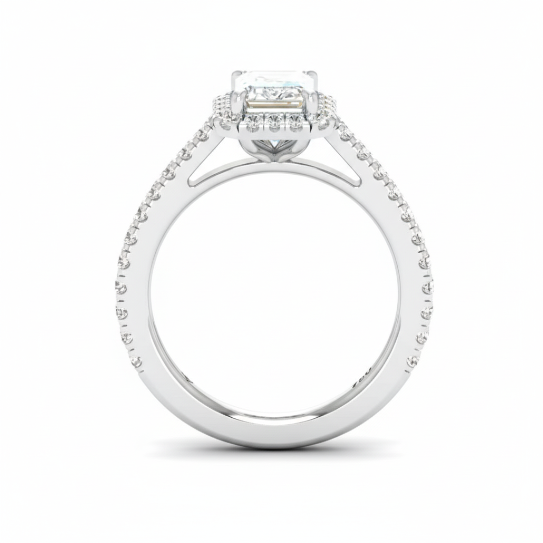 Bella Emerald Cut Diamond Engagement Ring with Diamond Halo & Diamond Band