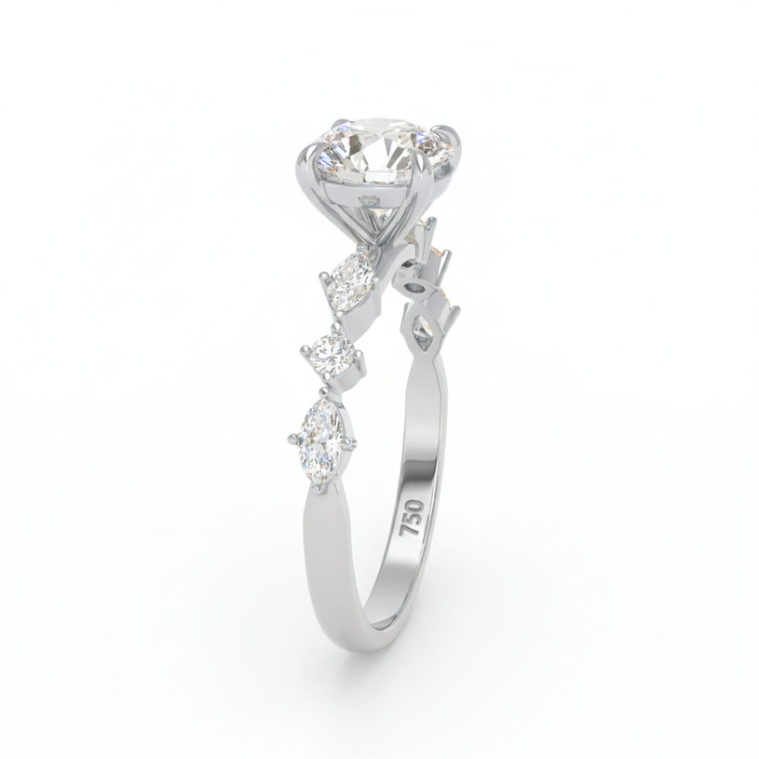 Elizabeth Round Brilliant Cut Diamond Engagement Ring With A Marquise And Round Cut Diamond Band