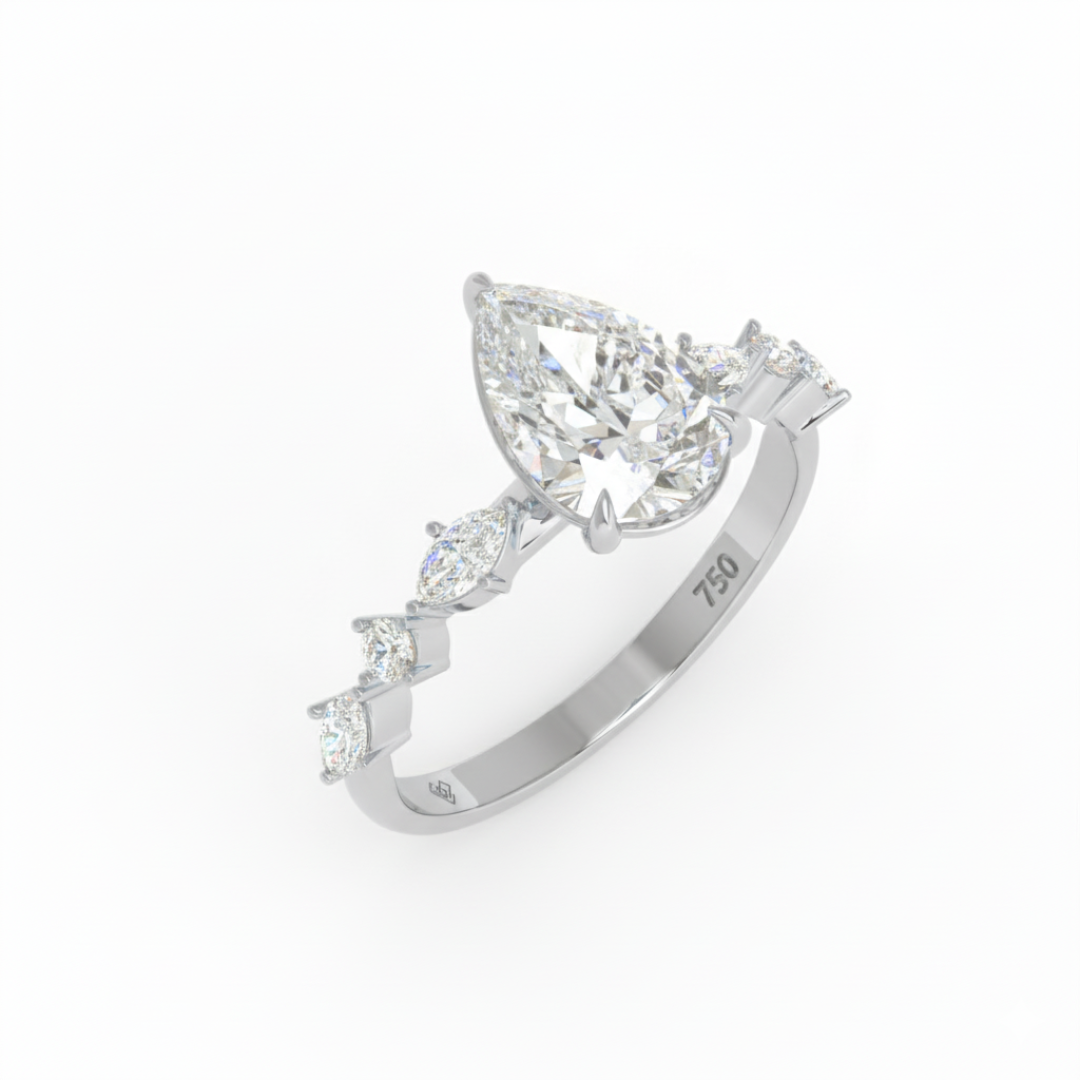 Elizabeth Pear Cut Diamond Engagement Ring With A Marquise And Round Cut Diamond Band