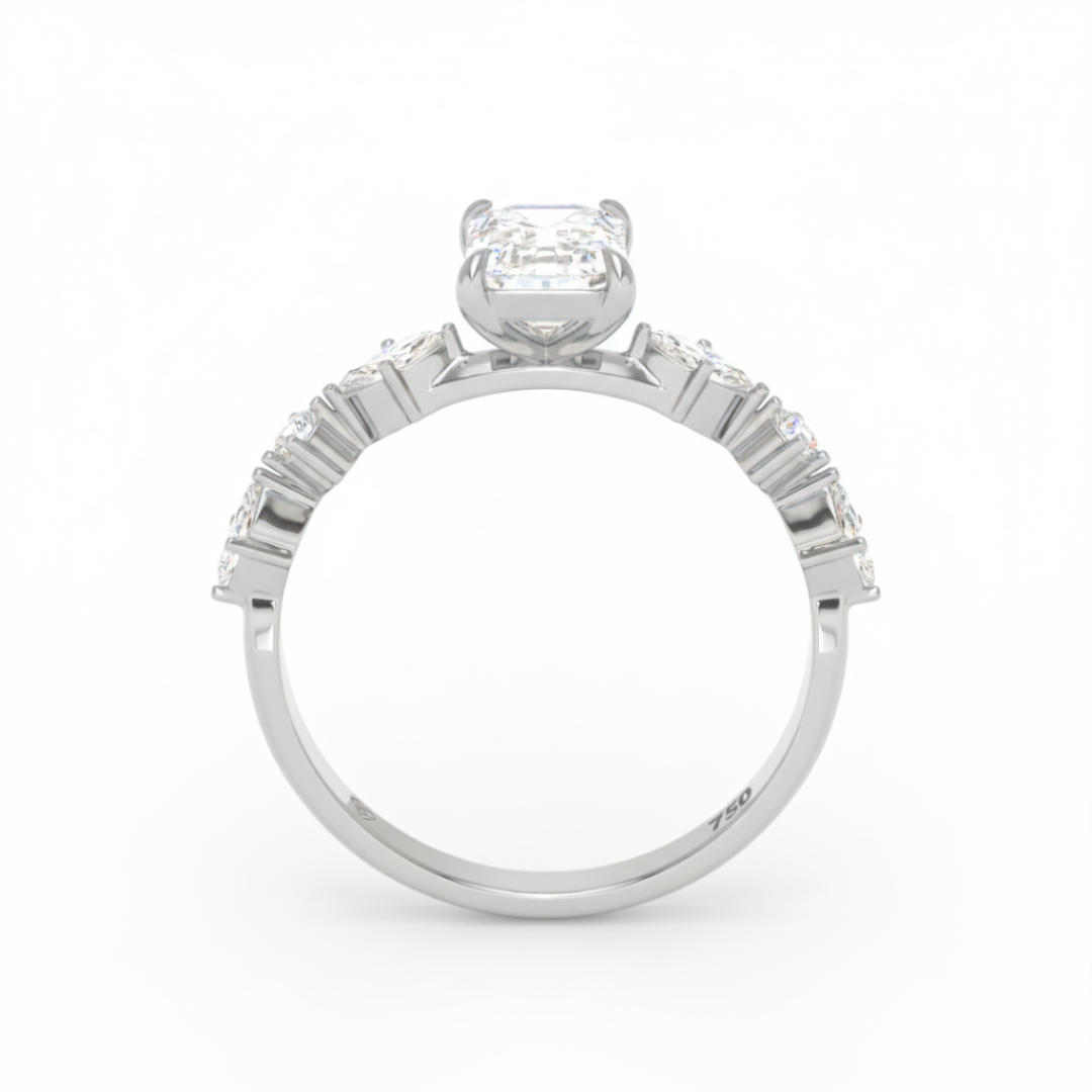 Elizabeth Emerald Cut Diamond Engagement Ring With A Marquise and Round Cut Diamond Band