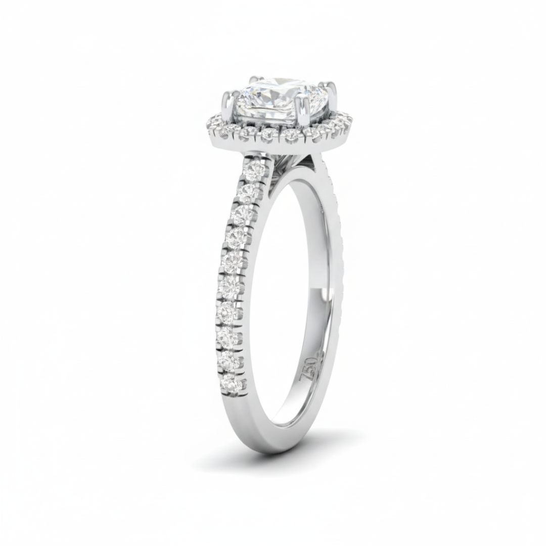 Bella Cushion Cut Diamond Engagement Ring with Diamond Halo & Diamond Band