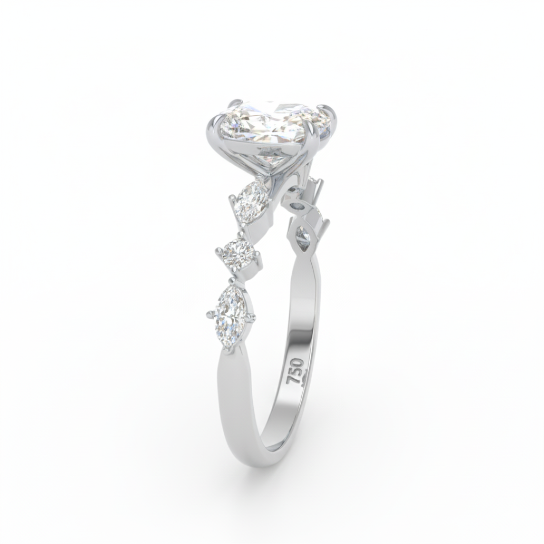 Elizabeth Cushion Diamond Engagement Ring With A Marquise and Round Cut Diamond Band