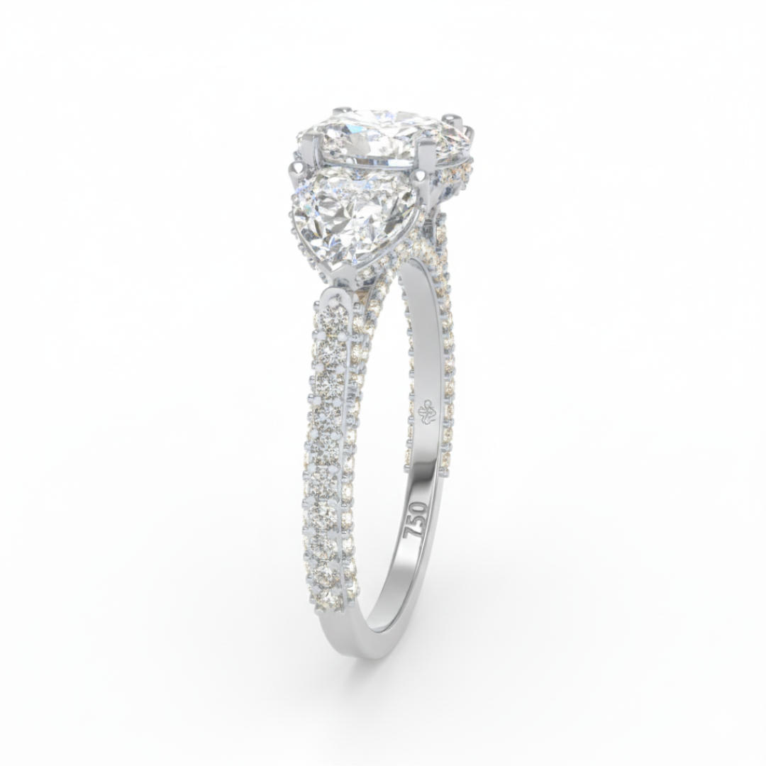 Victoria Oval Cut Diamond Engagement Ring with Heart Cut Side Diamonds and 3D Diamond Band
