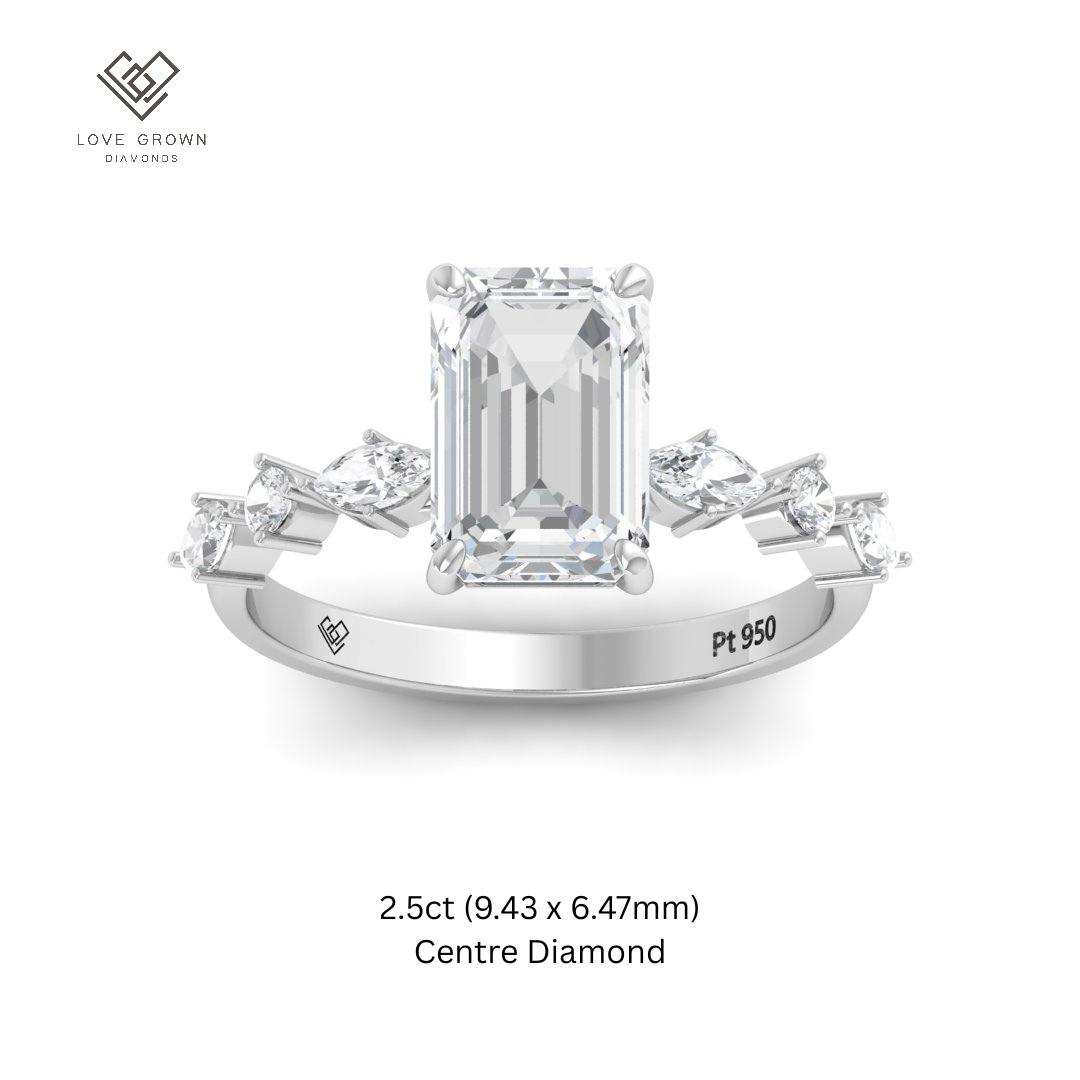 Elizabeth Emerald Cut Diamond Engagement Ring With A Marquise and Round Cut Diamond Band