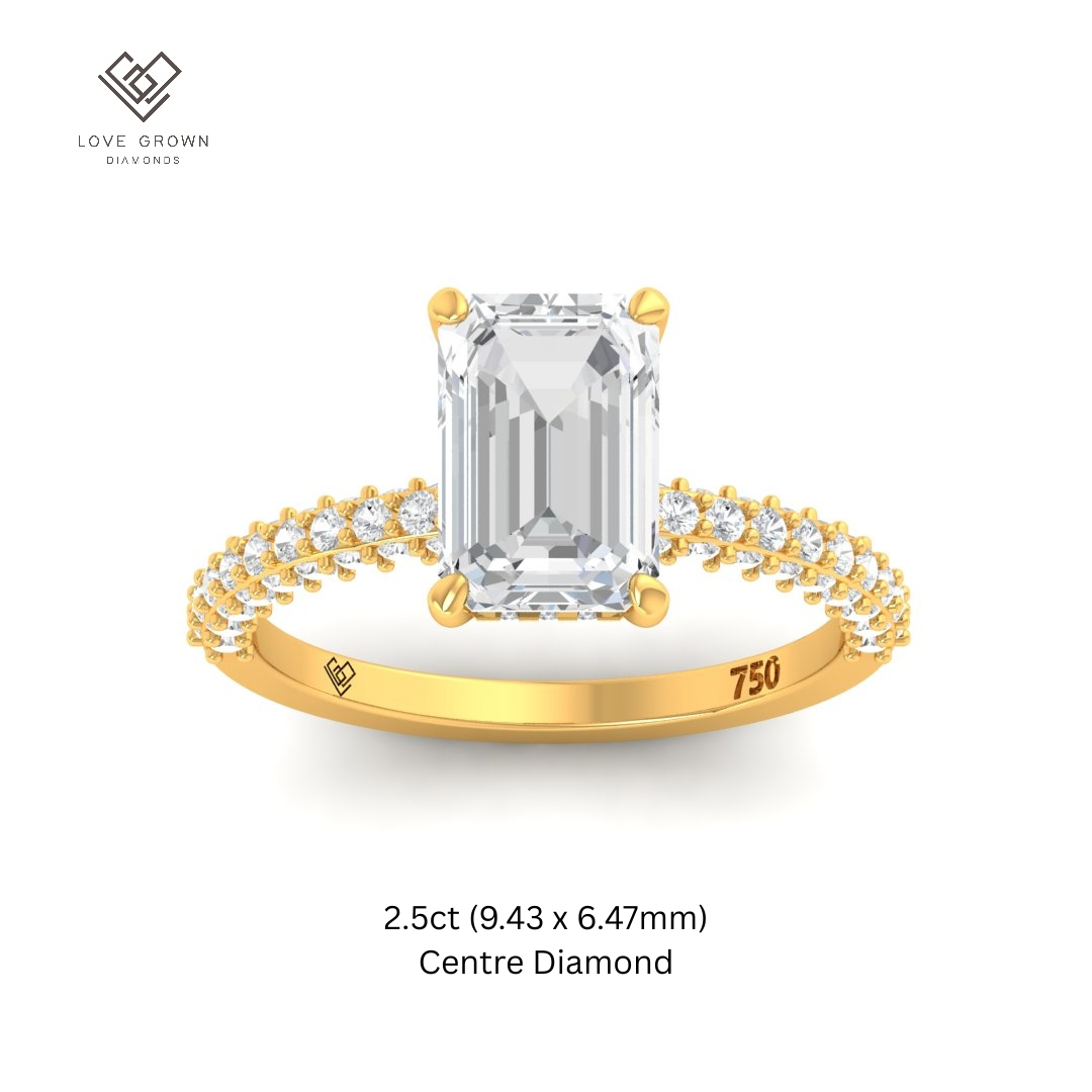 Mia Emerald Cut Diamond Engagement Ring with Diamond Hidden Halo and 3D Diamond Band