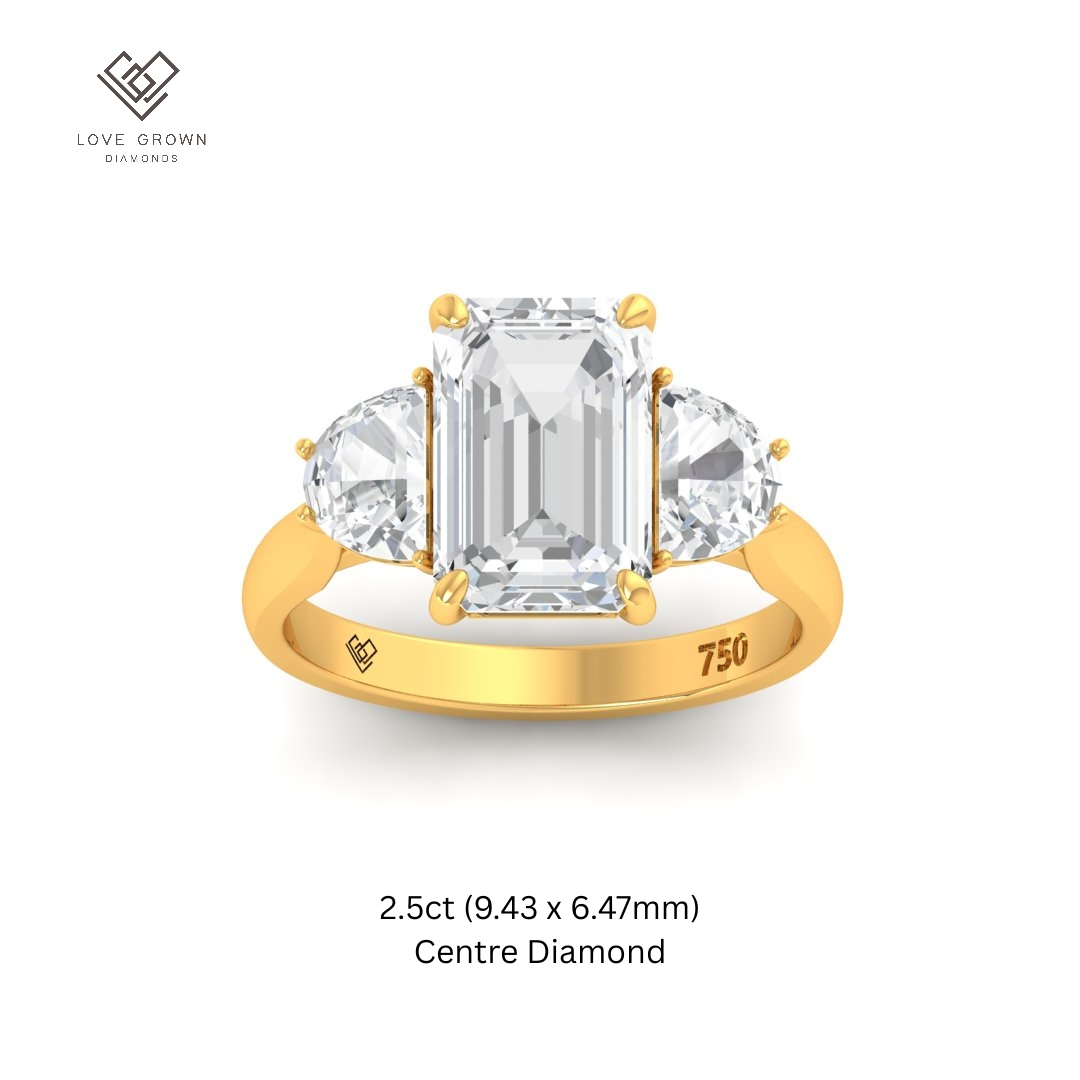 Kamala Emerald Cut Diamond Engagement Ring with Half Moon Cut Sides Diamonds