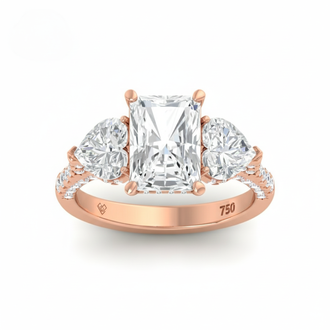 Victoria Radiant Cut Diamond Engagement Ring with Heart Cut Side Diamonds and 3D Diamond Band