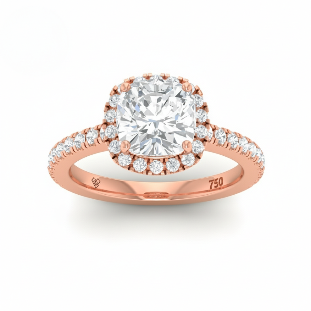 Bella Cushion Cut Diamond Engagement Ring with Diamond Halo & Diamond Band