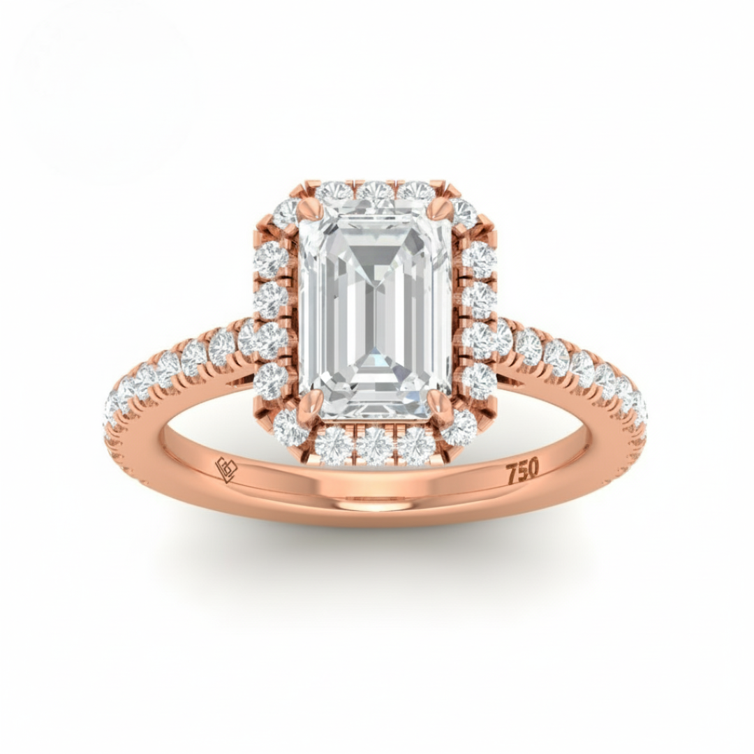 Bella Emerald Cut Diamond Engagement Ring with Diamond Halo & Diamond Band