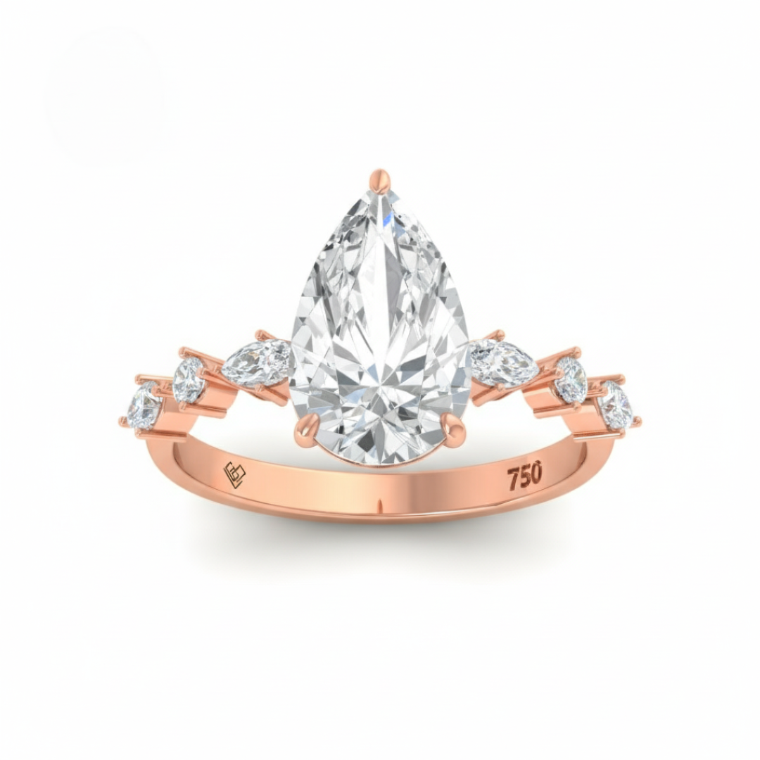 Elizabeth Pear Cut Diamond Engagement Ring With A Marquise And Round Cut Diamond Band