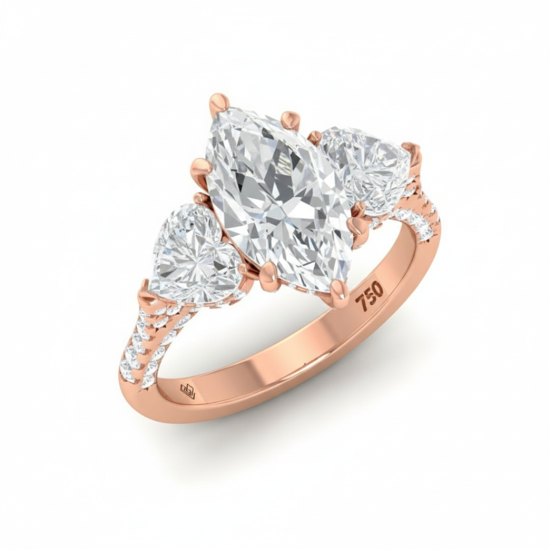Victoria Marquise Cut Diamond Engagement Ring with Heart Cut Side Diamonds and 3D Diamond Band
