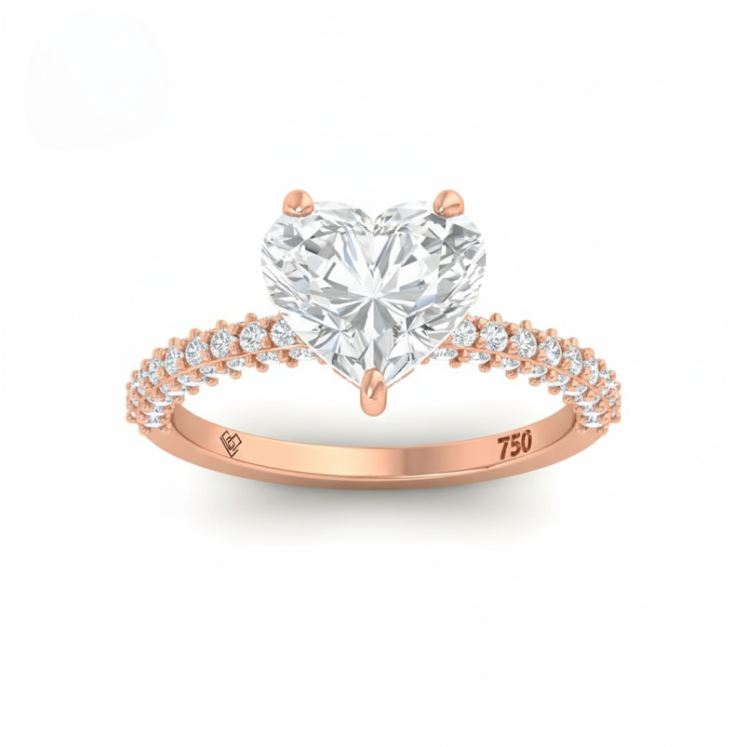 Bague de fiançailles Mia en diamant taille cœur avec halo de diamants cachés et anneau en diamant 3D