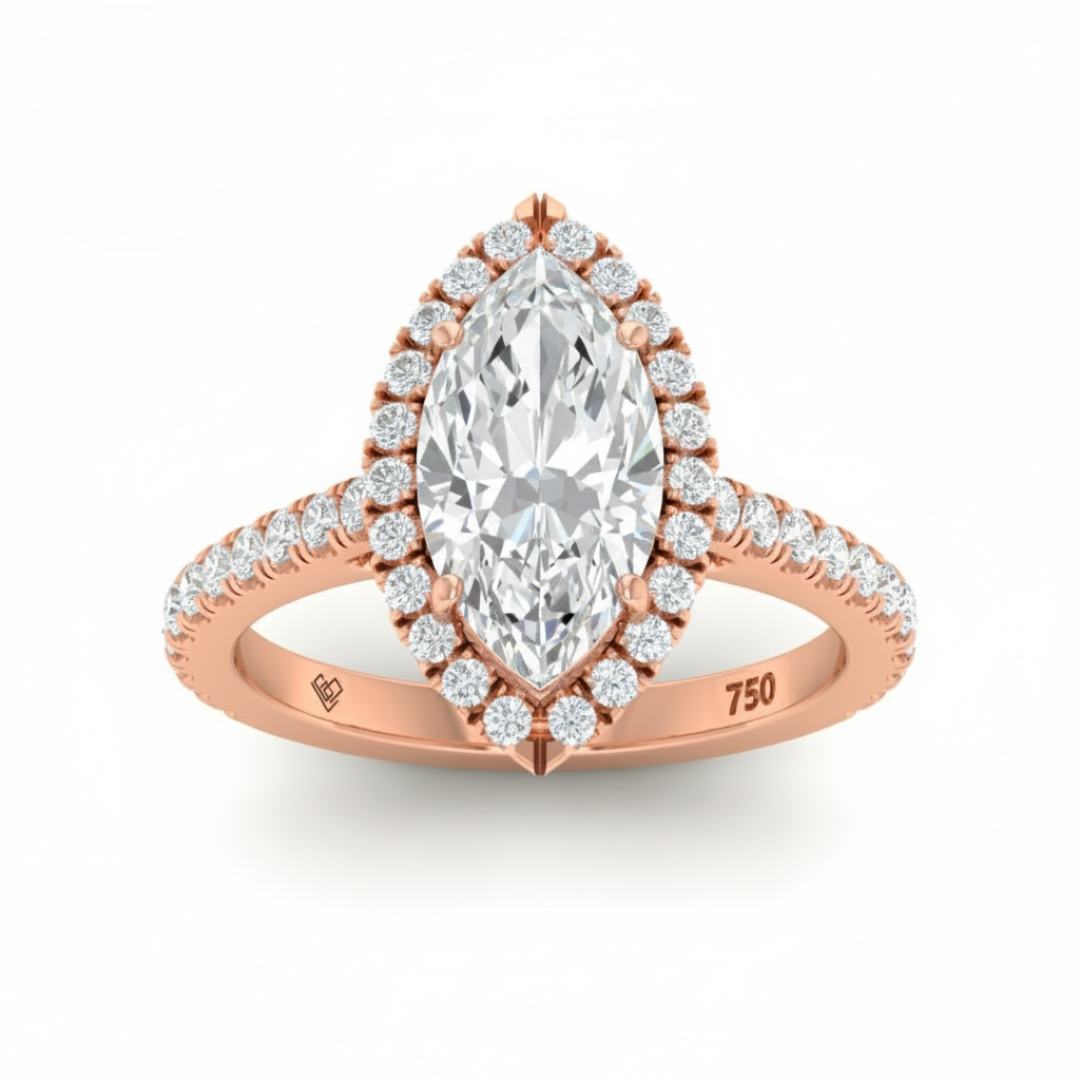 Bella Marquise Cut Diamond Engagement Ring with Diamond Halo & Diamond Band