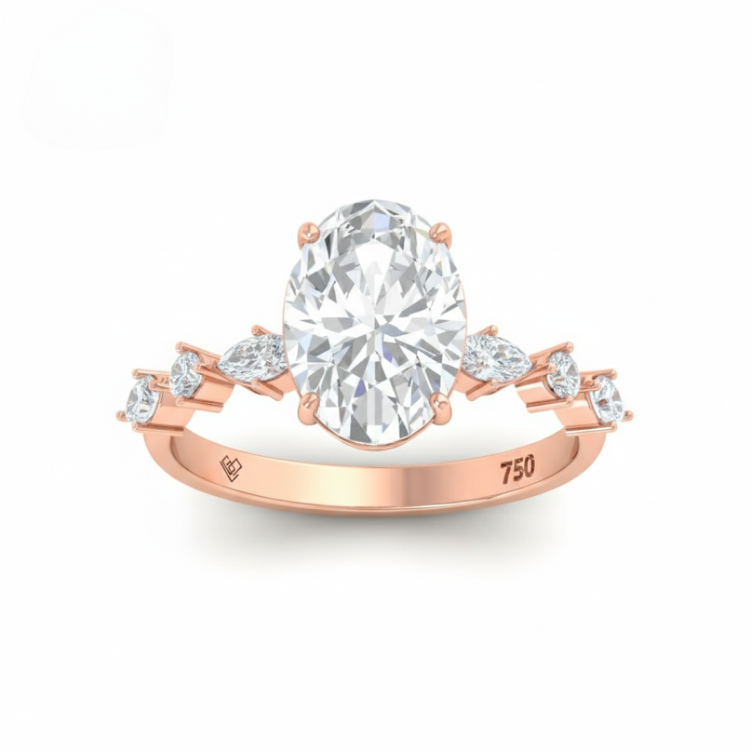 Elizabeth Oval Cut Diamond Engagement Ring With A Marquise And Round Cut Diamond Band.
