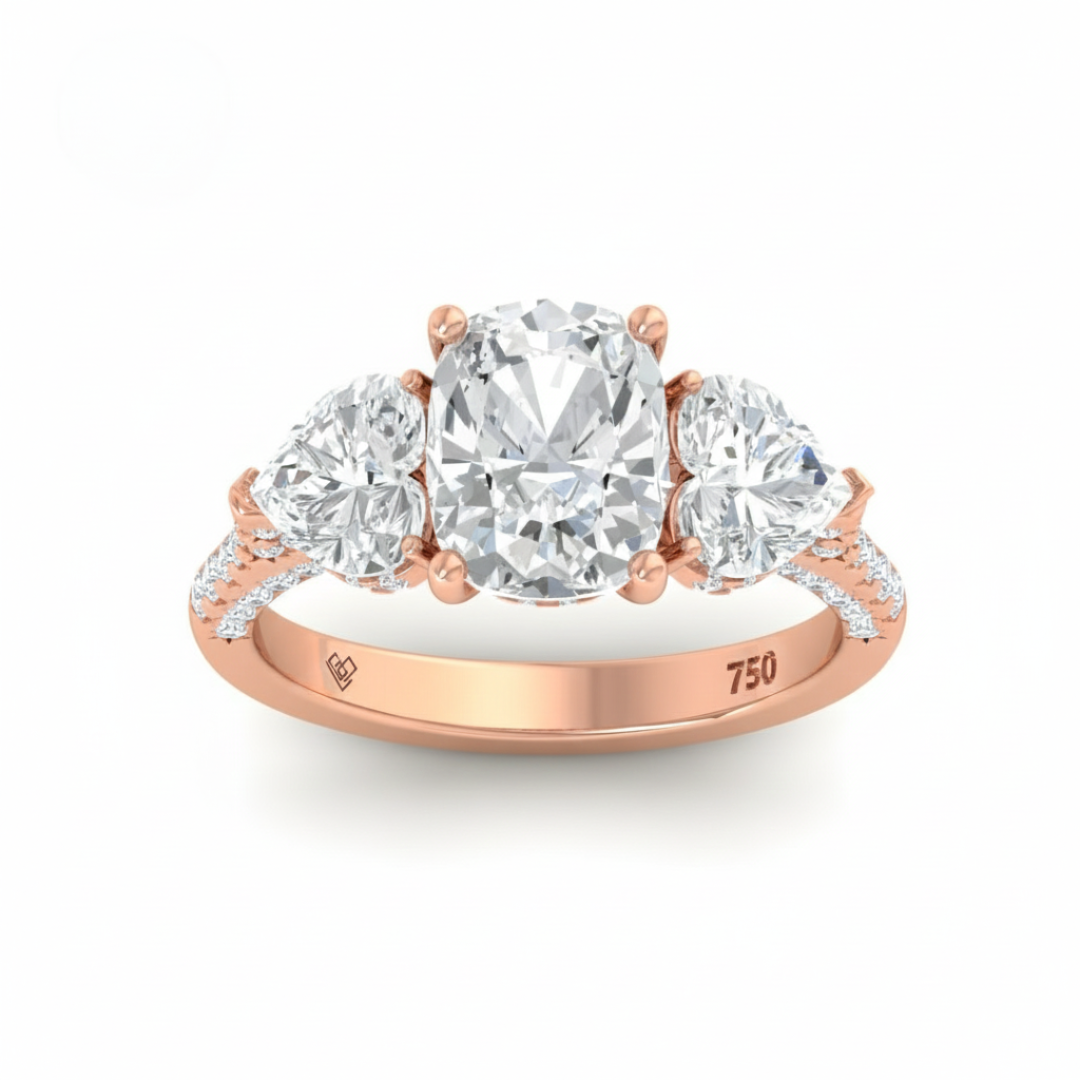 Victoria Cushion Cut Diamond Engagement Ring with Heart Cut Side Diamonds and 3D Diamond Band