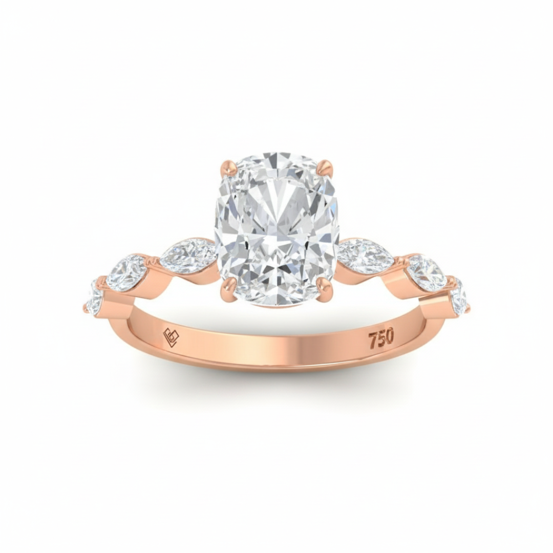 Kasandra Cushion Cut Diamond Engagement Ring With A Marquise Cut Diamond Band