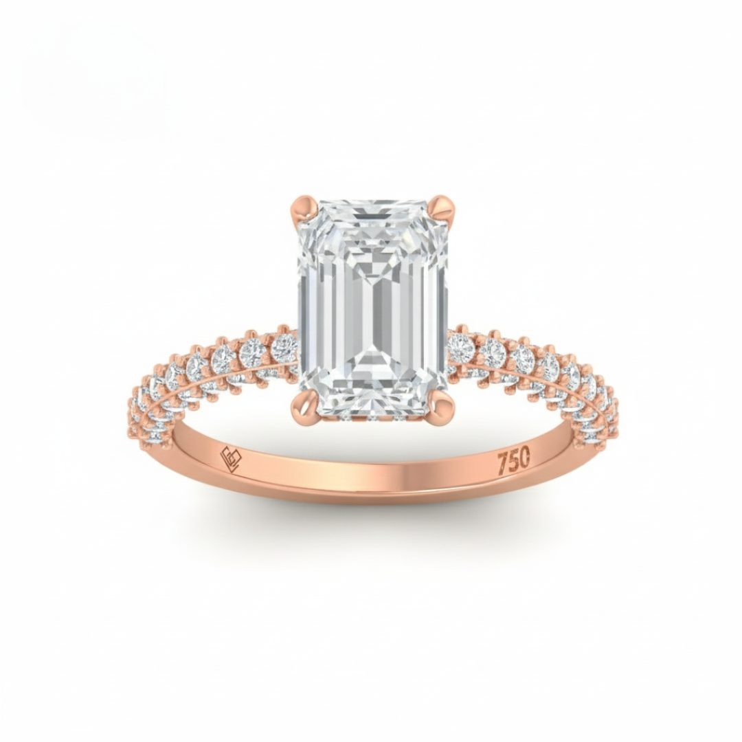Mia Emerald Cut Diamond Engagement Ring with Diamond Hidden Halo and 3D Diamond Band