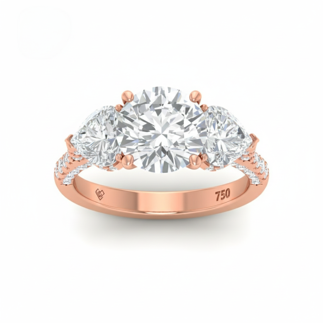 Victoria Round Brilliant Cut Diamond Engagement Ring with Heart Cut Side Diamonds and 3D Diamond Band