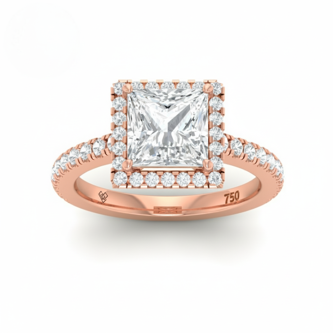 Bella Princess Cut Diamond Engagement Ring with Diamond Halo & Diamond Band