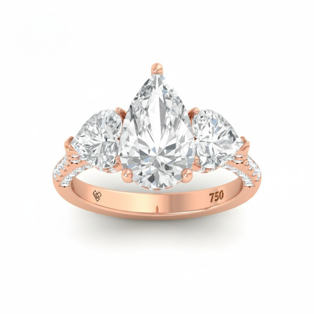 Victoria Pear Cut Diamond Engagement Ring with Heart Cut Side Diamonds and 3D Diamond Band