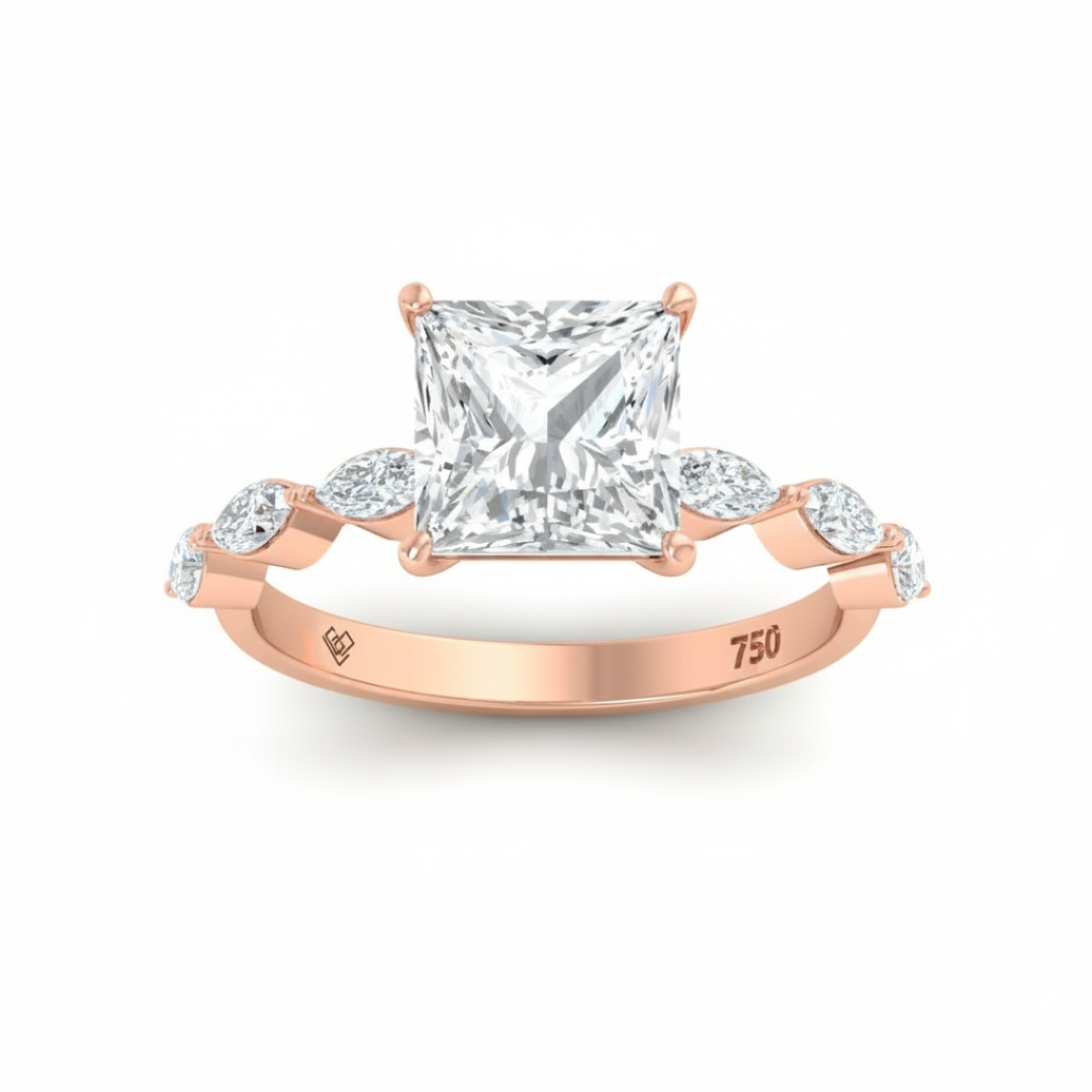 Kasandra Princess Cut Diamond Engagement Ring With A Marquise Cut and Diamond Band