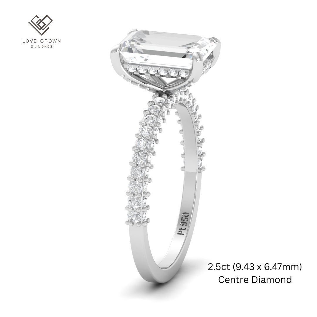 Mia Emerald Cut Diamond Engagement Ring with Diamond Hidden Halo and 3D Diamond Band