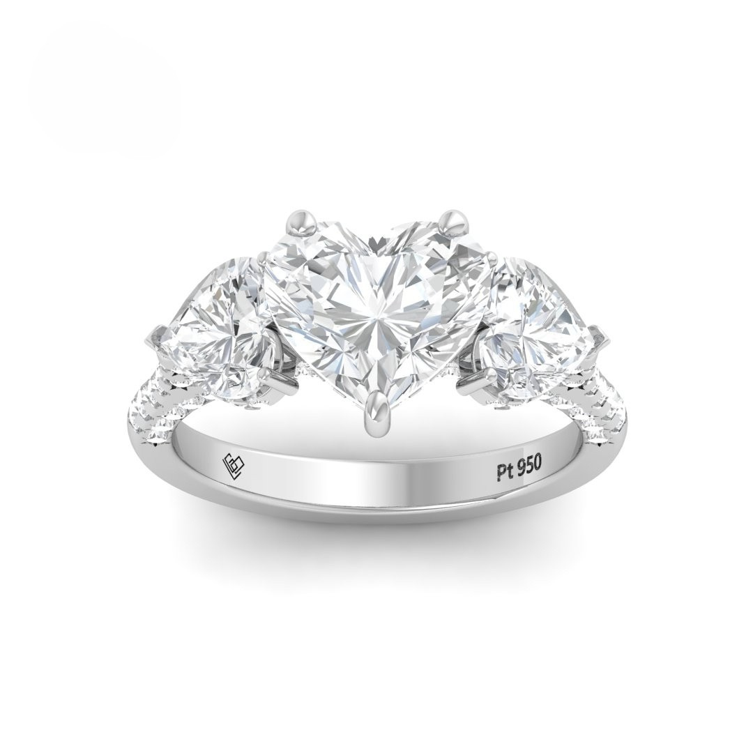 Victoria Heart Cut Diamond Engagement Ring with Heart Cut Side Diamonds and 3D Diamond Band