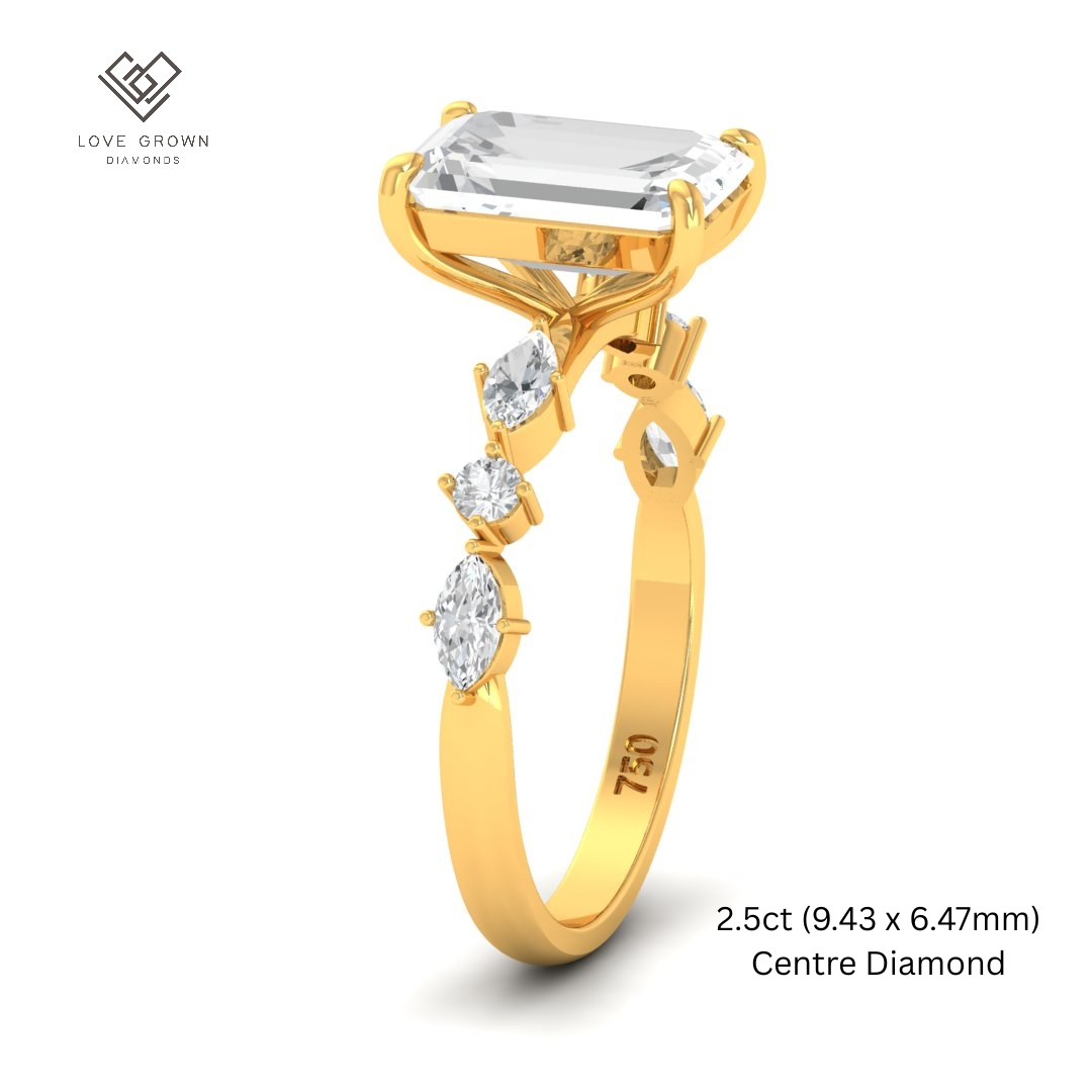 Elizabeth Emerald Cut Diamond Engagement Ring With A Marquise and Round Cut Diamond Band