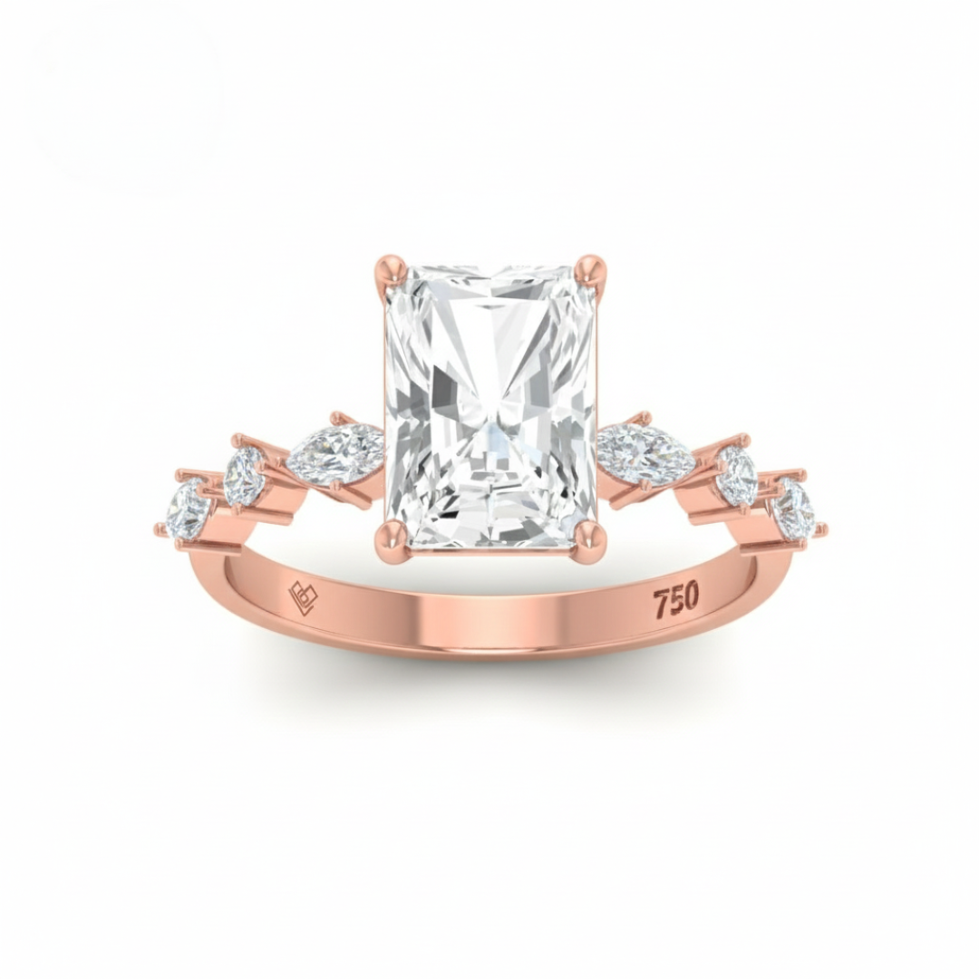 Elizabeth Radiant Cut Diamond Engagement Ring With A Marquise And Round Cut Diamond Band