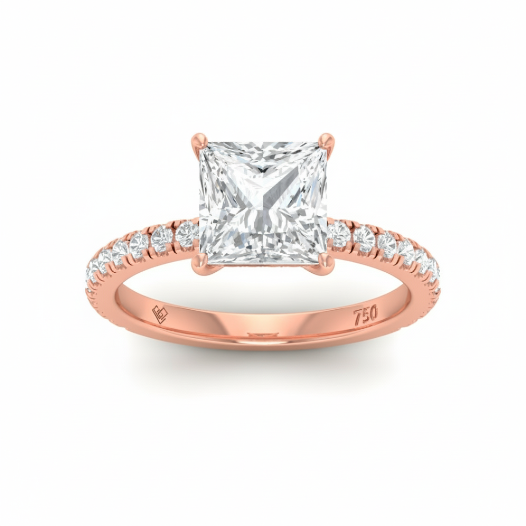 Chloé Princess Cut Diamond Engagement Ring with Diamond Hidden Halo and Diamond Band