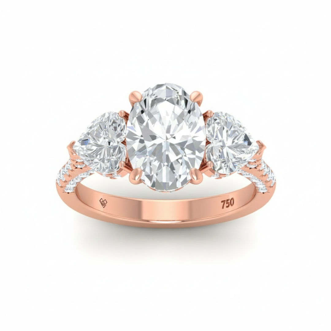 Victoria Oval Cut Diamond Engagement Ring with Heart Cut Side Diamonds and 3D Diamond Band