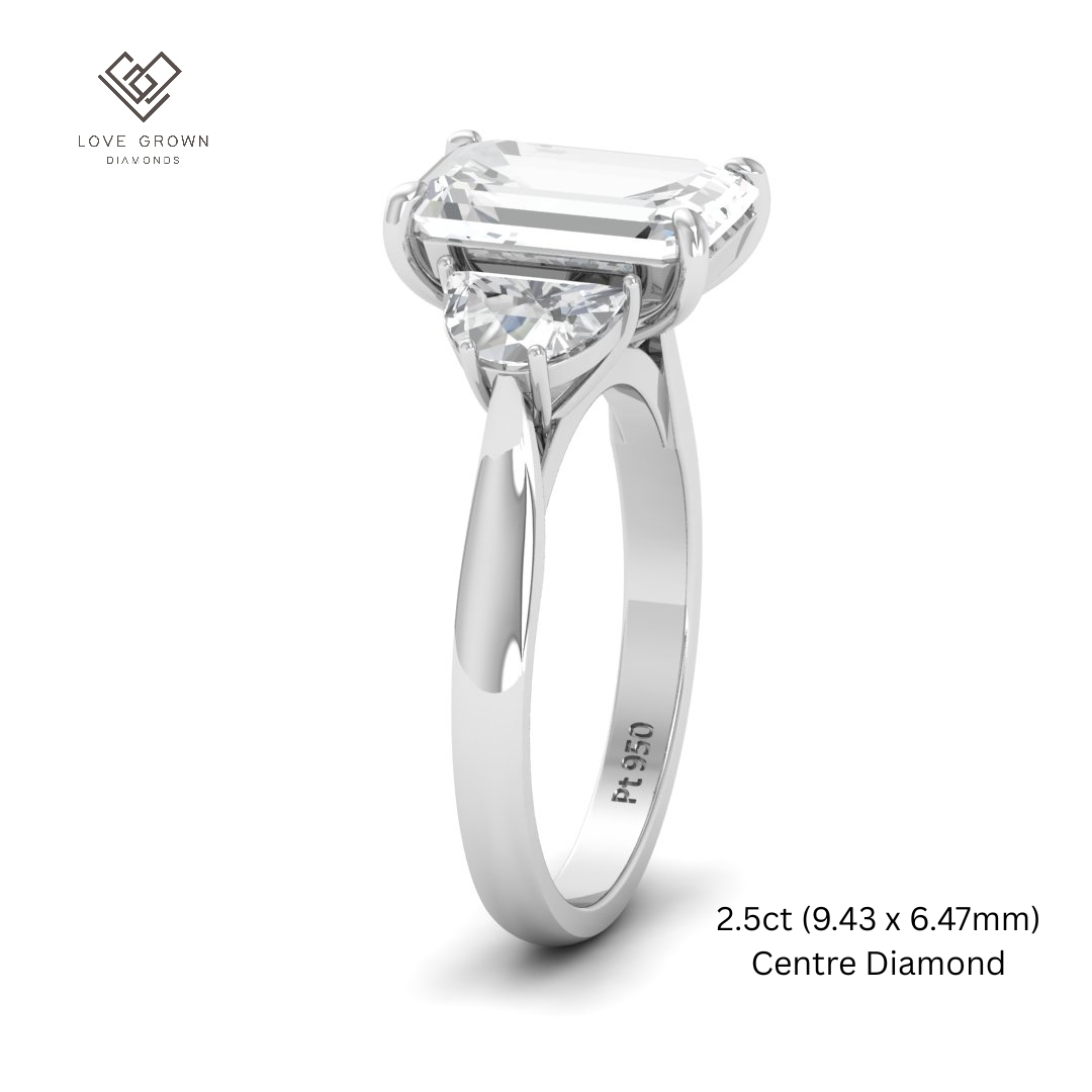 Kamala Emerald Cut Diamond Engagement Ring with Half Moon Cut Sides Diamonds