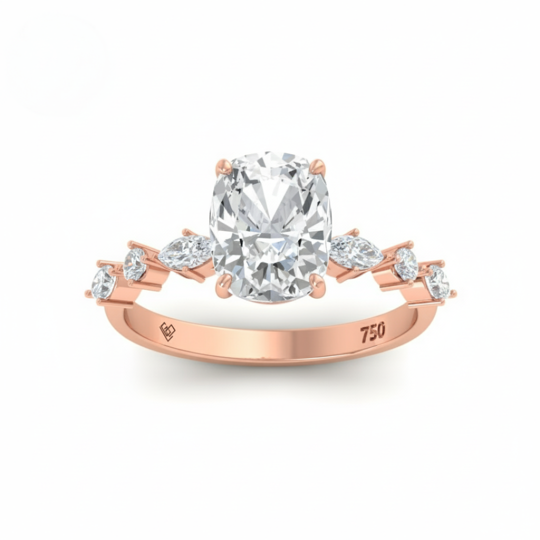Elizabeth Cushion Diamond Engagement Ring With A Marquise and Round Cut Diamond Band