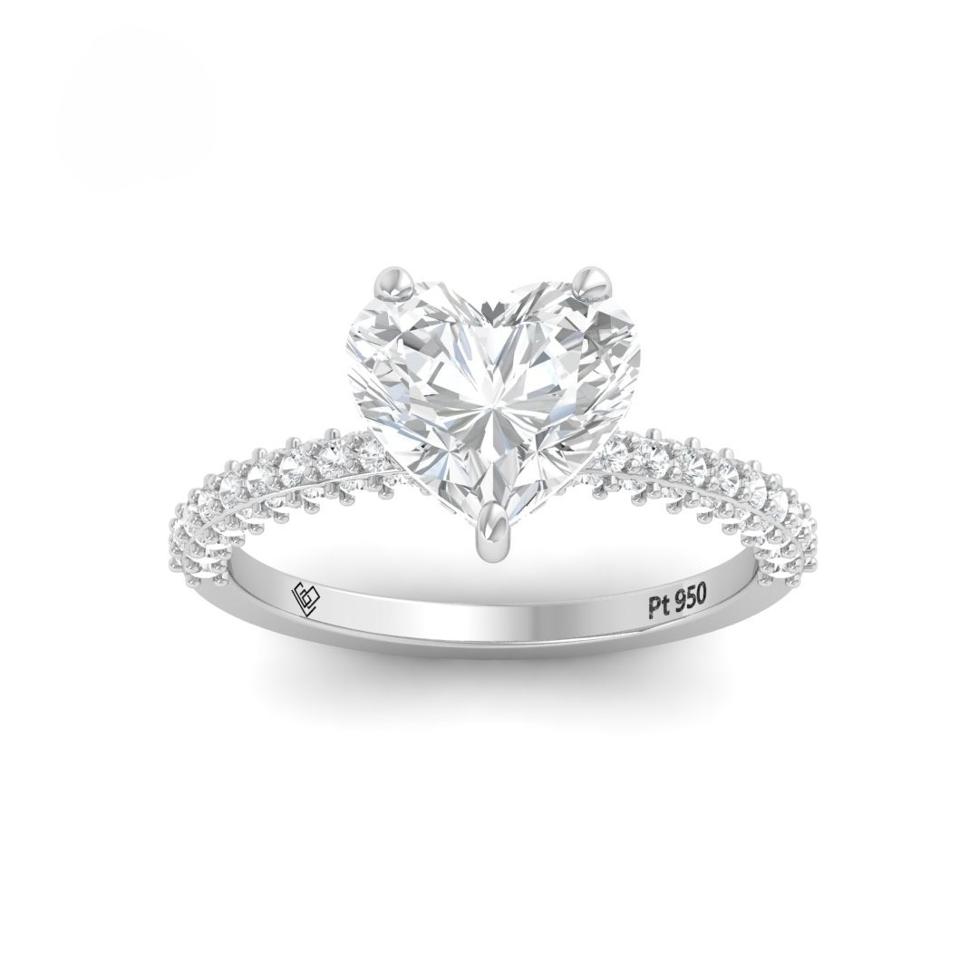 Bague de fiançailles Mia en diamant taille cœur avec halo de diamants cachés et anneau en diamant 3D