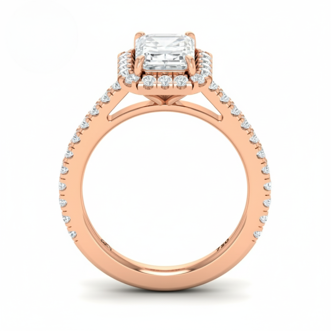 Bella Emerald Cut Diamond Engagement Ring with Diamond Halo & Diamond Band