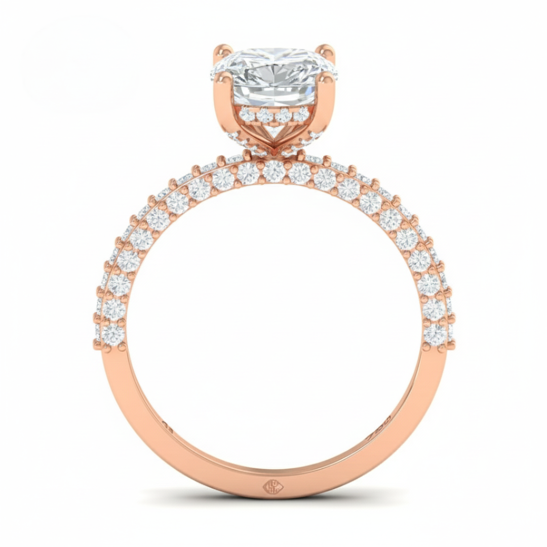 Mia Cushion Cut Diamond Engagement Ring with Diamond Hidden Halo and 3D Diamond Band