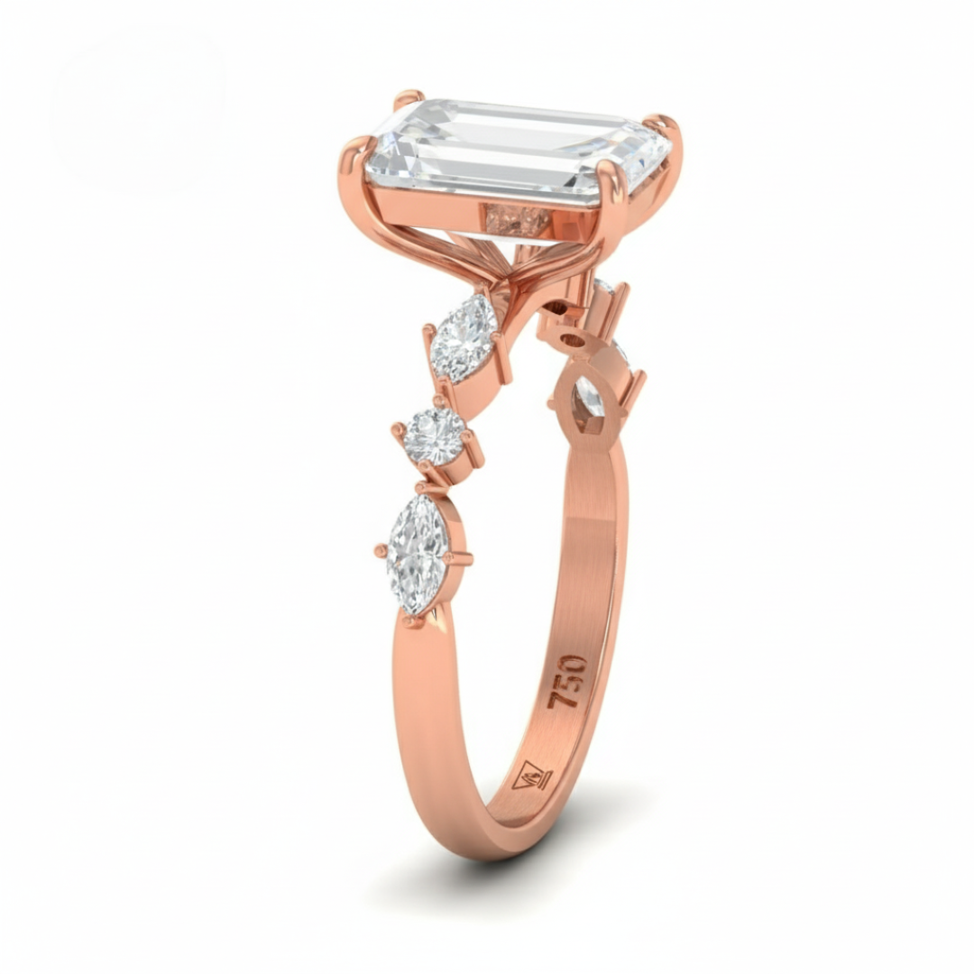 Elizabeth Emerald Cut Diamond Engagement Ring With A Marquise and Round Cut Diamond Band