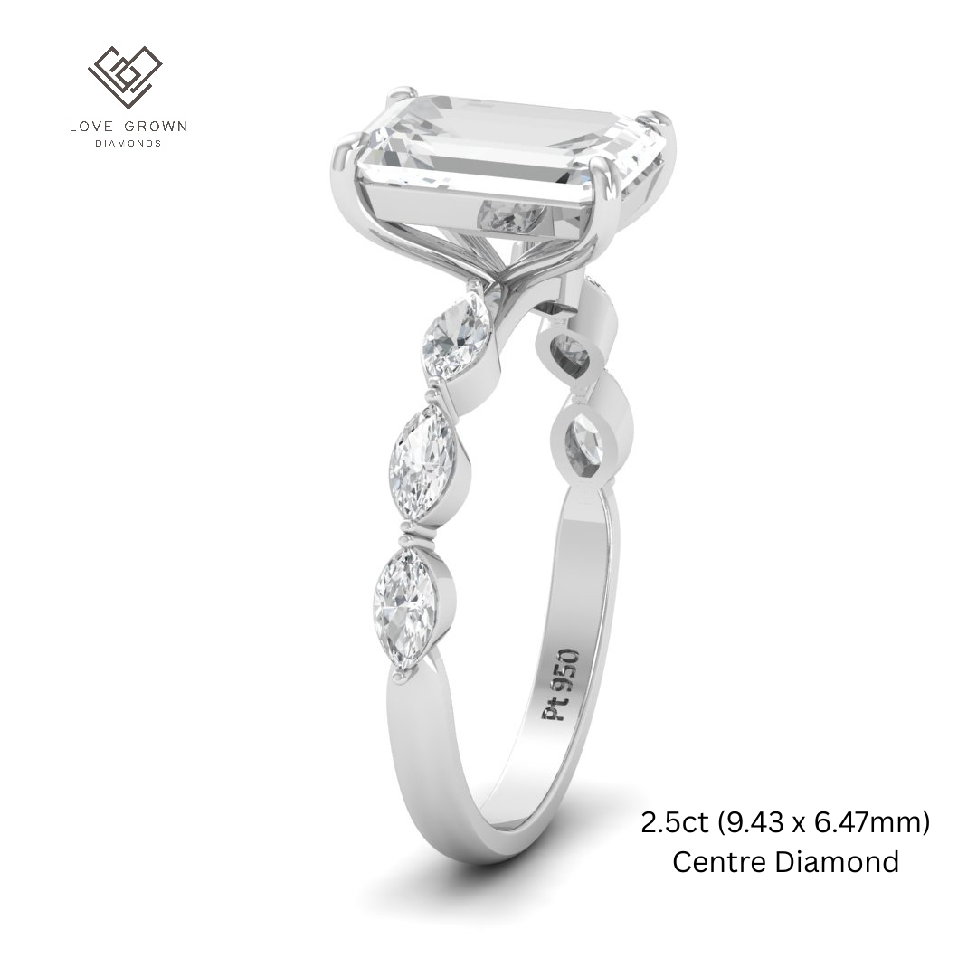 Kasandra Emerald Cut Diamond Engagement RIng With A Marquise Cut Diamonds Band