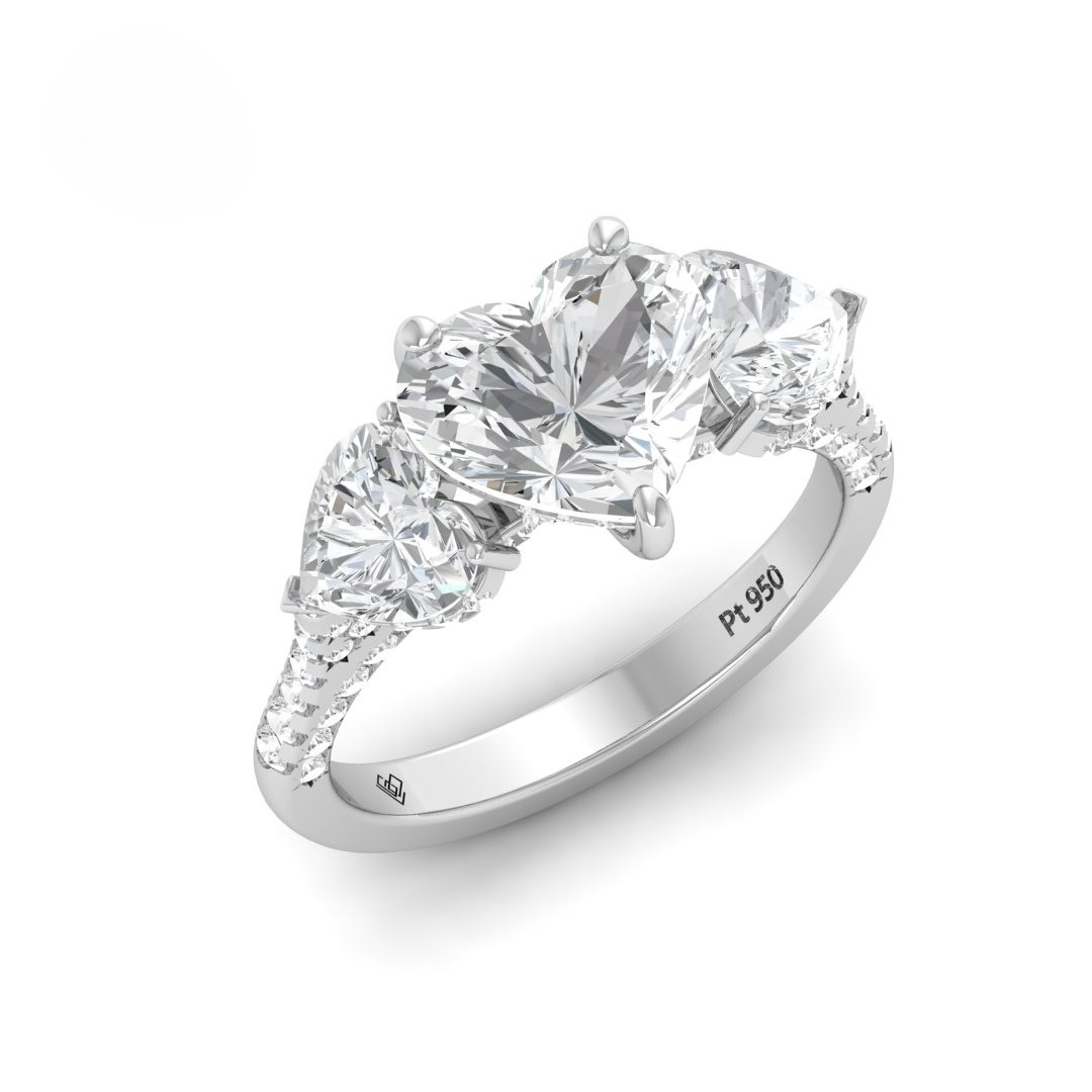 Victoria Heart Cut Diamond Engagement Ring with Heart Cut Side Diamonds and 3D Diamond Band