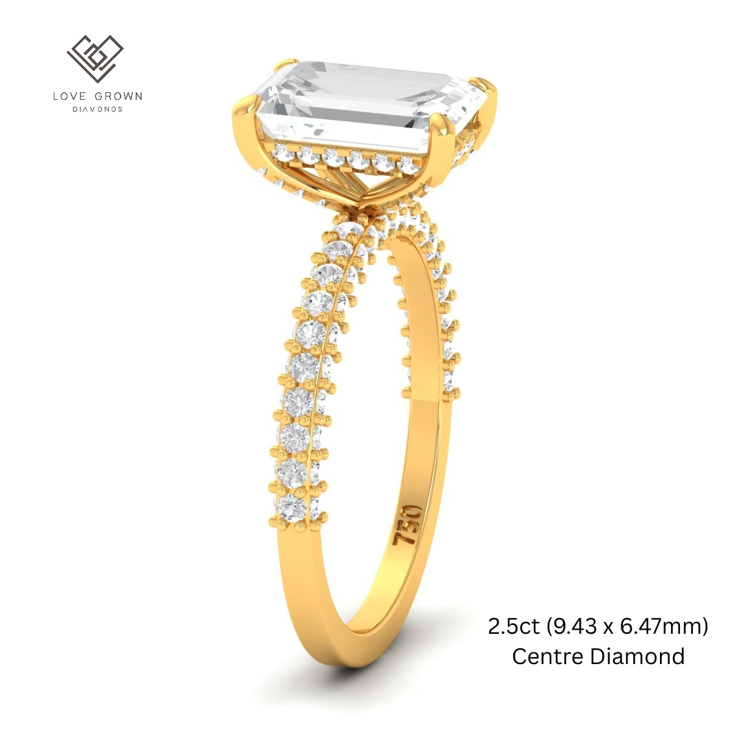Mia Emerald Cut Diamond Engagement Ring with Diamond Hidden Halo and 3D Diamond Band