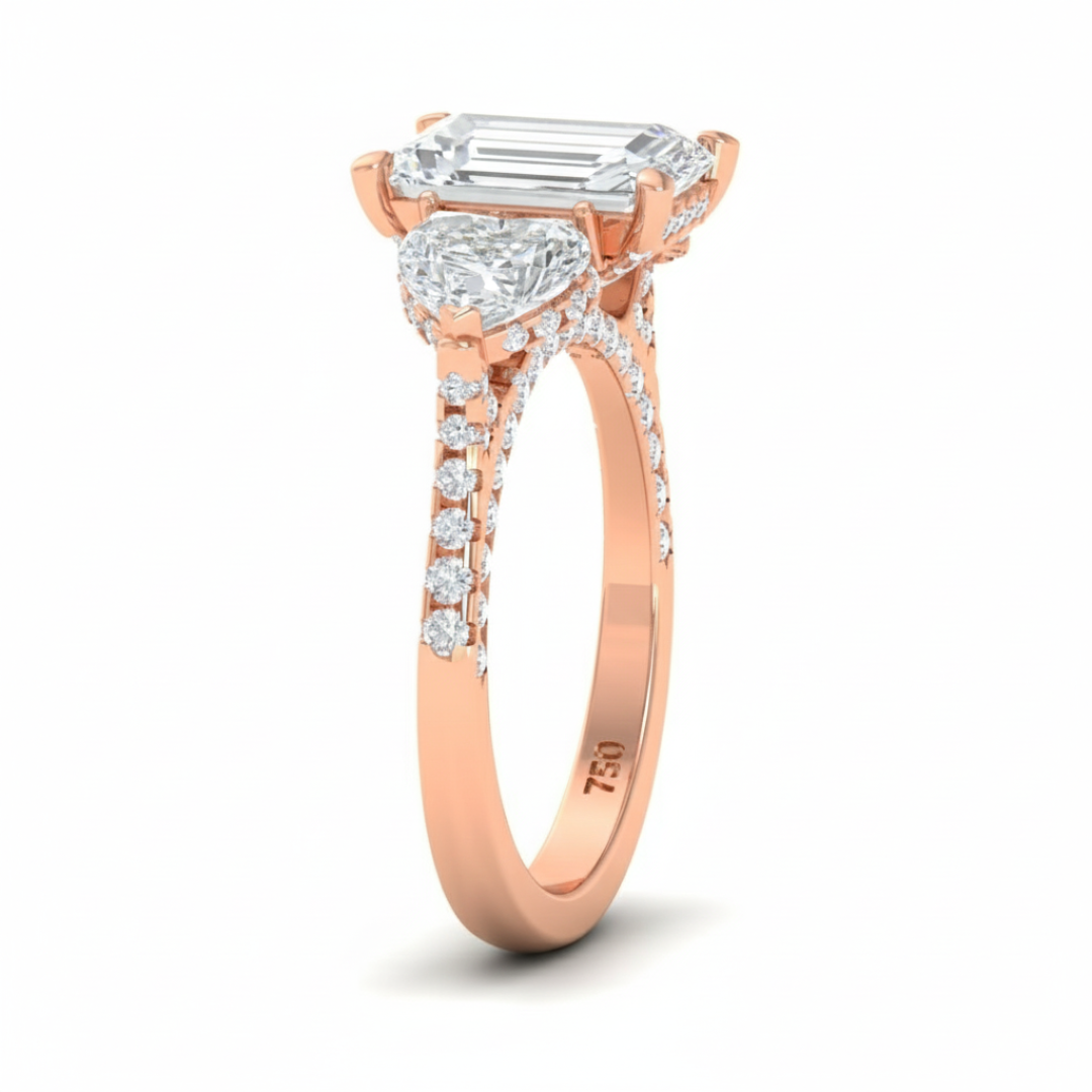 Victoria Radiant Cut Diamond Engagement Ring with Heart Cut Side Diamonds and 3D Diamond Band