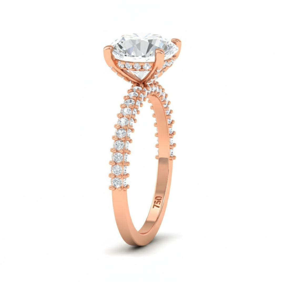 Bague de fiançailles Mia en diamant rond taille brillant avec halo de diamants cachés et anneau en diamant 3D