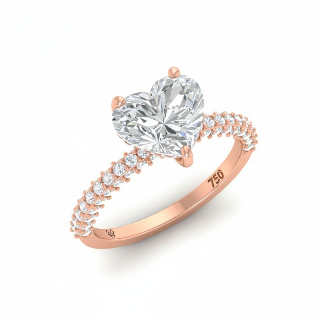 Bague de fiançailles Mia en diamant taille cœur avec halo de diamants cachés et anneau en diamant 3D