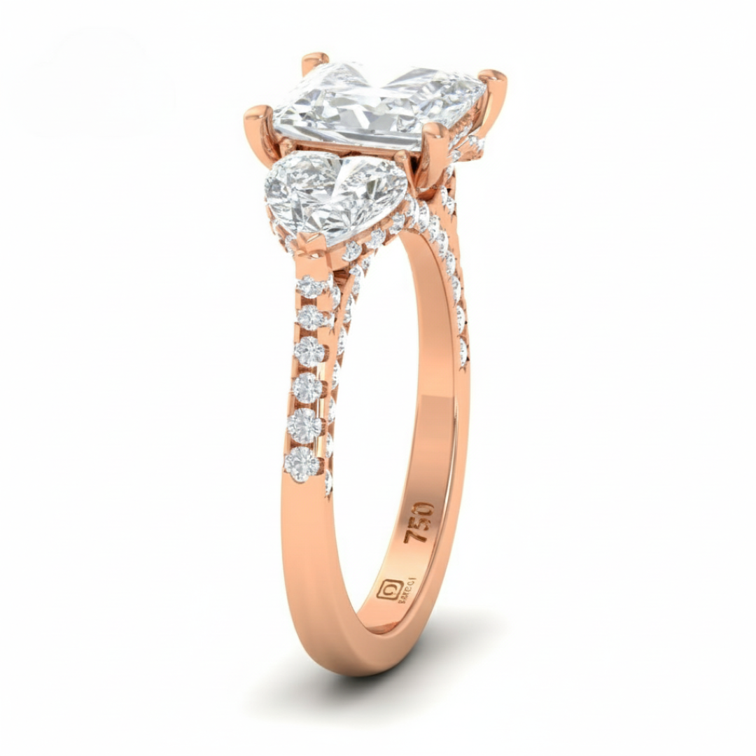 Victoria Princess Cut Diamond Engagement Ring with Heart Cut Side Diamonds and 3D Diamond Band