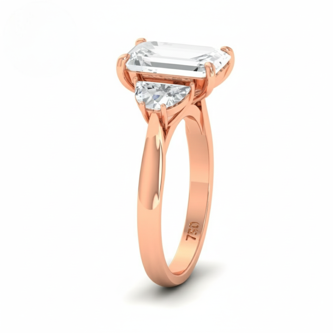 Kamala Emerald Cut Diamond Engagement Ring with Half Moon Cut Sides Diamonds