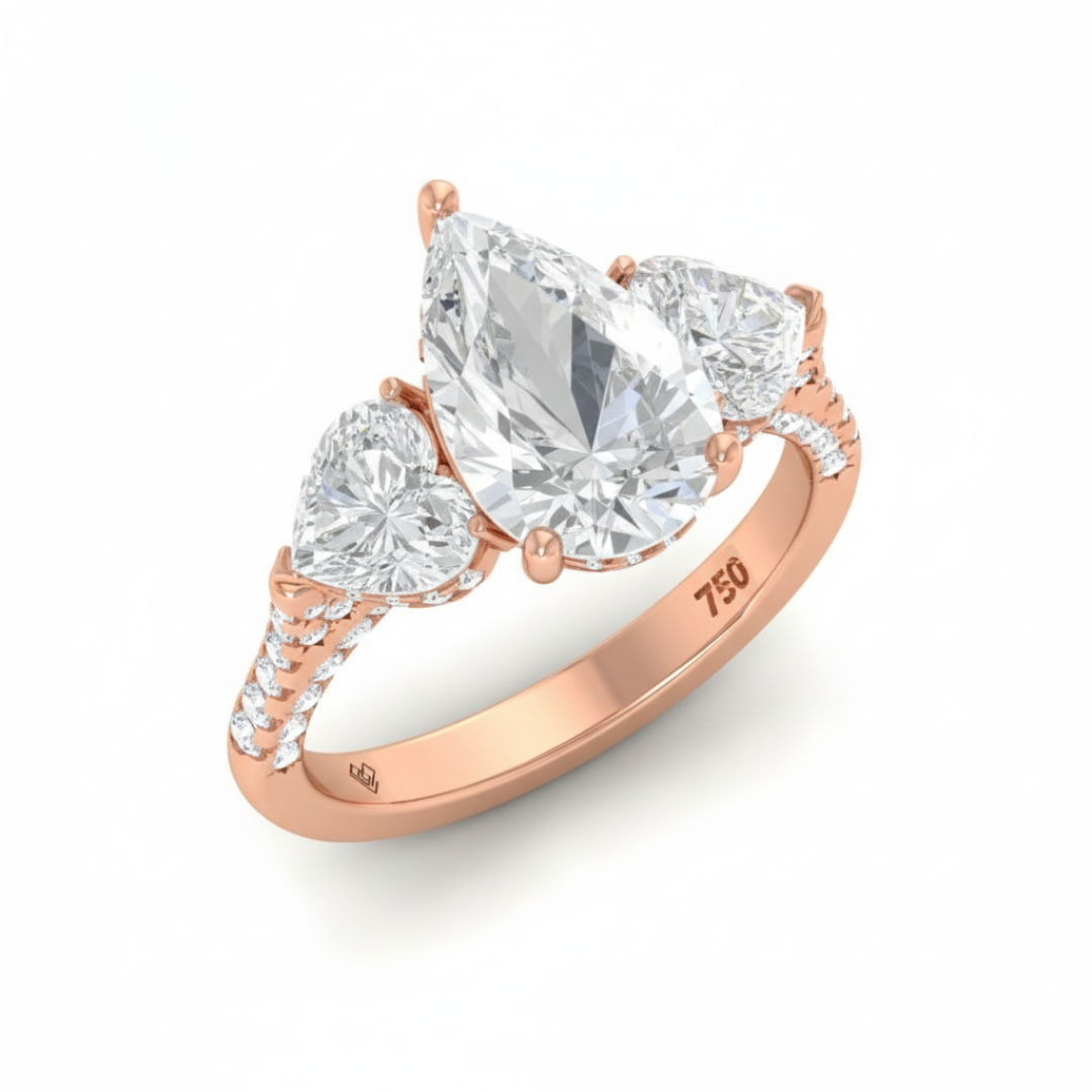 Victoria Pear Cut Diamond Engagement Ring with Heart Cut Side Diamonds and 3D Diamond Band