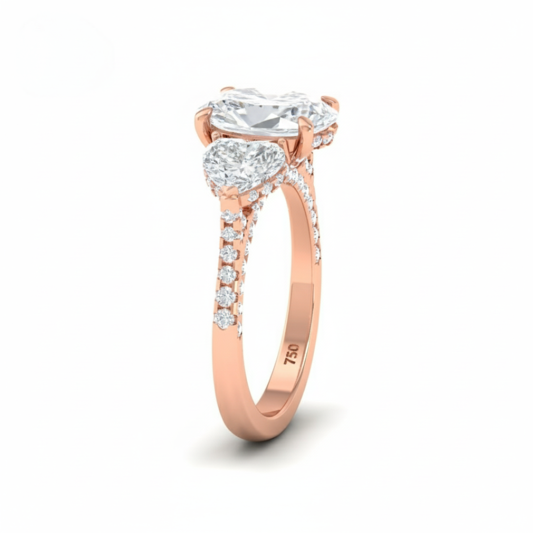 Victoria Oval Cut Diamond Engagement Ring with Heart Cut Side Diamonds and 3D Diamond Band